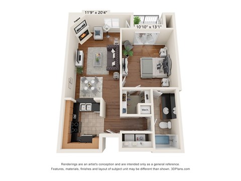 Floor plan for 1 bed, 1 bath, 690 sqft